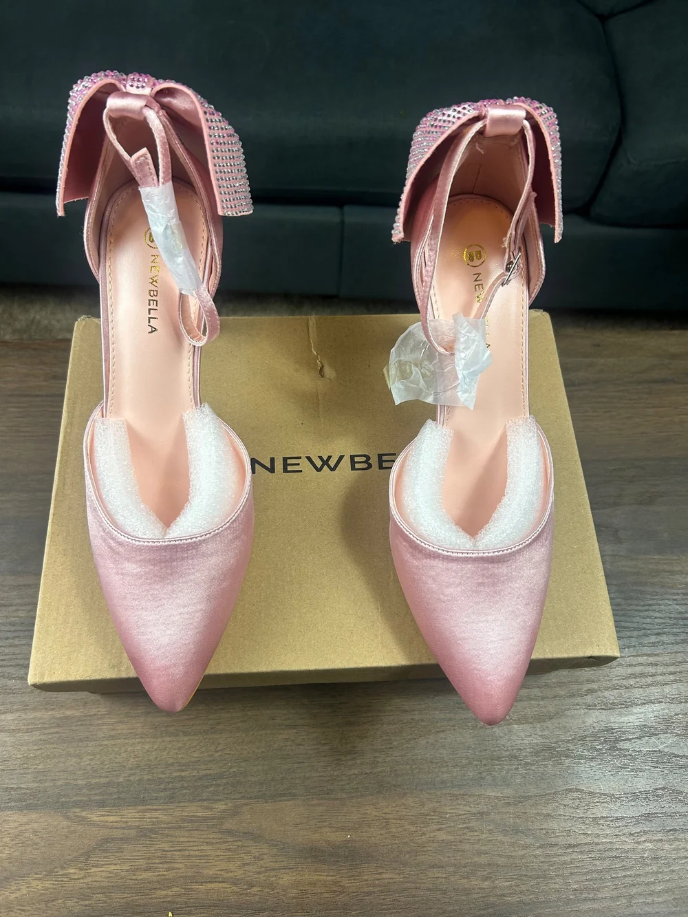 Pink Satin Pointed-Toe Heels with Embellished Ankle Bow